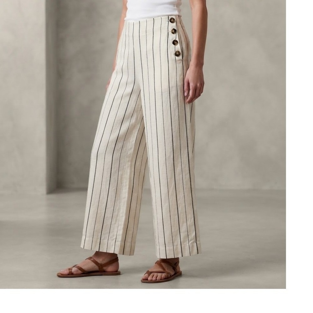 Gap Linen Blend Wide Leg Striped Pants Cream Black Nautical Button Side Size 6R